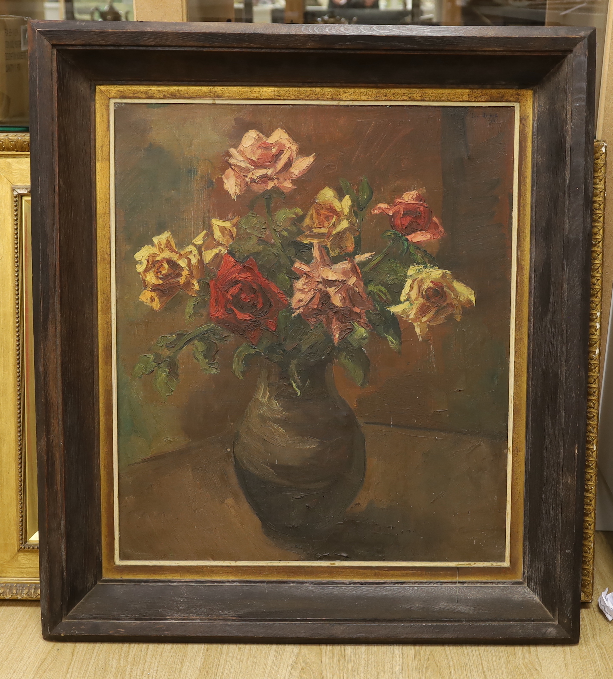 Impasto oil on canvas, Still life of roses in a vase, indistinctly signed upper right, 69 x 59cm